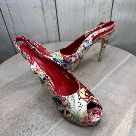 Newsprint Platform Peep Toe Womens Heels Red Retro Slingbacks Size 38 EU - Picture 2 of 15